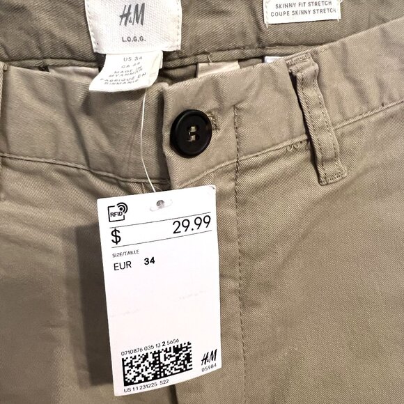 H&M L.O.G.G. Beige Skinny Fit Stretch Pants Men's Size 34 NWT - Picture 2 of 9